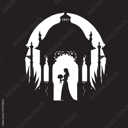 Silhouette of bride holding bouquet in ornate gazebo