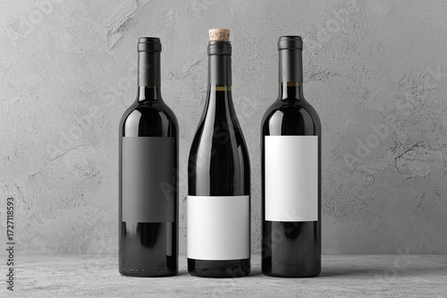 Three wine bottles with blank labels on a textured background