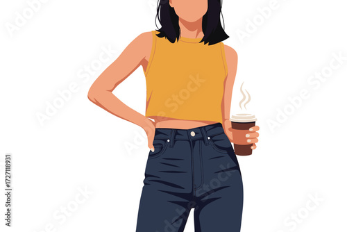 A stylish woman isolated on white background is posing with her hand on her hip and holding a cup of coffee, exuding confidence and charm vector