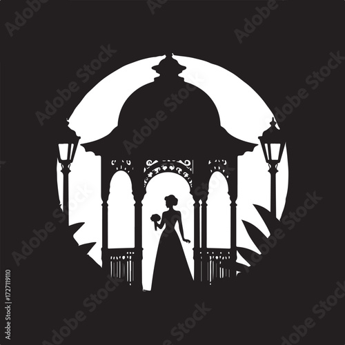 Silhouette of bride in gazebo holding bouquet with lampposts