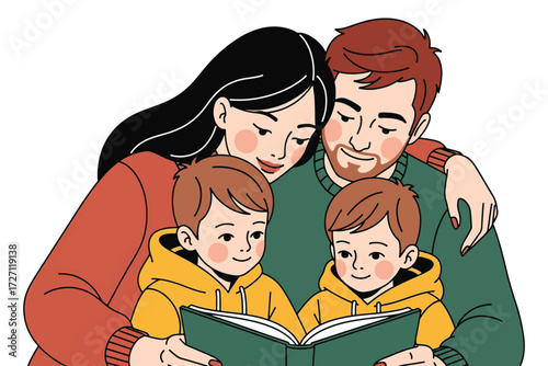 A loving family reading a book together isolated on white background, creating a heartwarming scene of togetherness and shared moments of joy vector