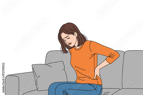 A woman experiences back pain while sitting on a couch, isolated on white background, highlighting discomfort and the need for relief and medical attention vector