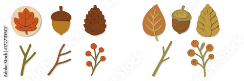 Colorful fall leaves and acorns displayed on a white background showcasing autumn's beauty and seasonal changes