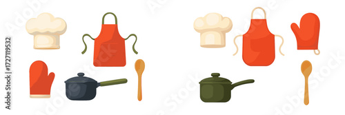 Kitchen utensils and accessories in various colors arranged on a white background for cooking activities or culinary art