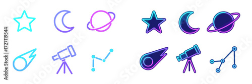 Colorful space-themed icons featuring stars, moons, planets, telescopes, and comets in a modern design
