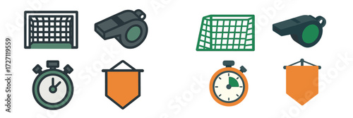 Tools of a referee during a soccer match, including whistle, stopwatch, and goal net for fair play and timing