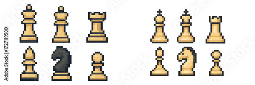 Classic chess pieces in pixel art style showcasing light and dark colors against a simple background