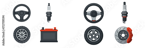 Set of car parts including wheels, steering wheels, battery, and spark plugs displayed in a clear layout for educational purposes