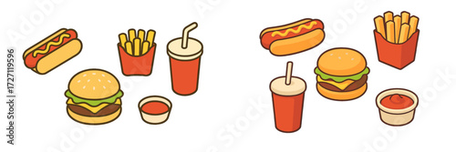 Colorful fast food assortment on a white background featuring burgers, hot dogs, fries, and drinks arranged neatly for a fun meal experience