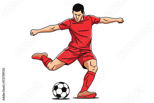 A soccer player in a red uniform is kicking a soccer ball isolated on white background, showcasing athleticism and coordination in a dynamic action shot vector