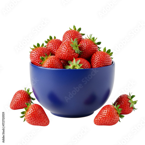 A vibrant blue bowl overflowing with ripe red strawberries isolated on transparent background