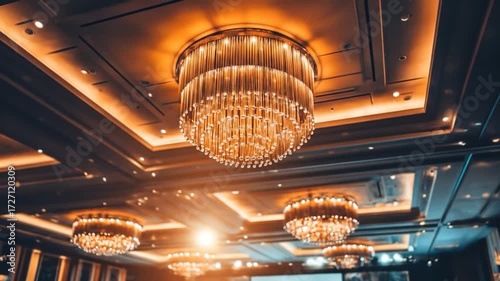 Elegant Conference Hall Grandeur: Illuminating a Professional Gathering with Opulent Chandeliers