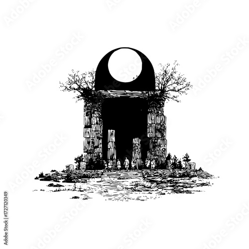 Illustration of an ancient stone structure with a dark archway and figures walking towards it entrance