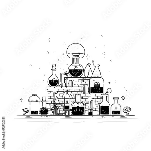 Illustration of a laboratory setup with various beakers bottles and other scientific equipment on a brick wall