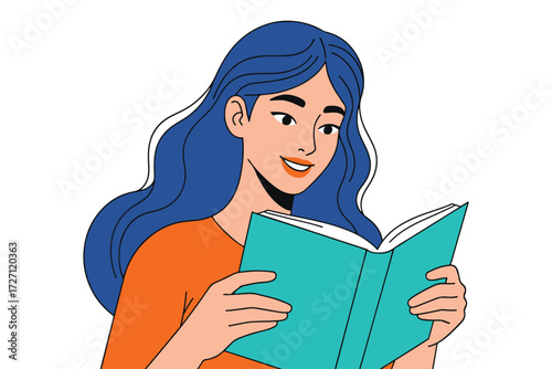 A young woman with blue hair is engrossed in reading a book, enjoying the story and expanding her knowledge, isolated on white background vector