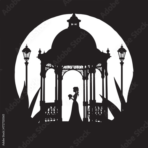 Silhouette of bride in gazebo with bouquet and street lamps