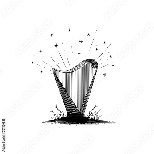Illustration of a harp with radiating lines and stars above, set on a textured ground with small plants