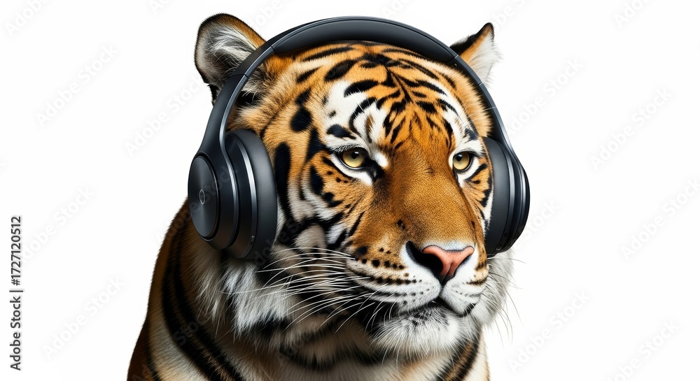 Obraz premium tiger wearing headphones, listening to music, on a solid white background