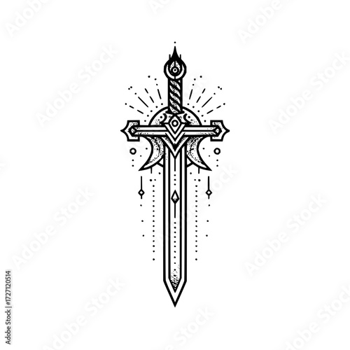 Detailed line art illustration of a fantasy sword with intricate designs and dot work elements around it