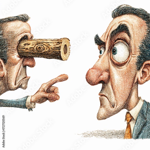Individual with a log in their eye points at another person with an exaggerated expression during a humorous confrontation about perception and reality