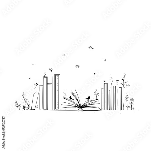 Illustration of books with birds and foliage in black and white sketch style on a white background