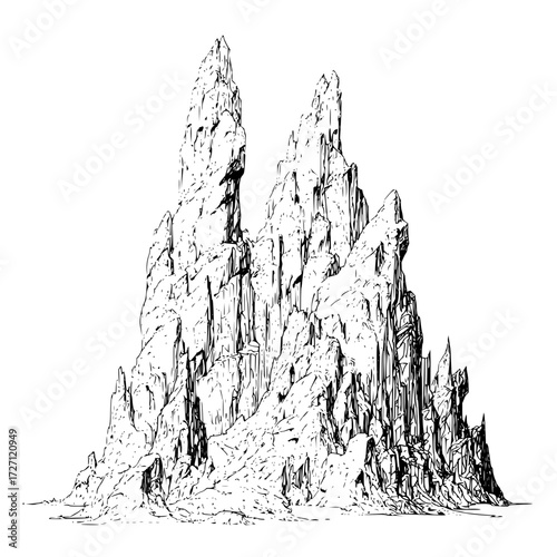 Detailed black and white sketch of a jagged mountain range with sharp peaks and rocky terrain in line art style