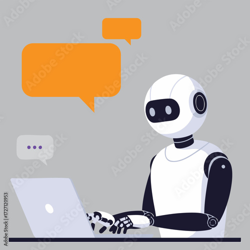Robot typing on a laptop with speech bubbles isolated on white background