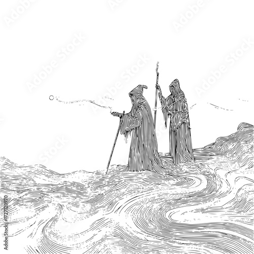 Two cloaked figures stand on a textured landscape one holding a staff and the other smoking a pipe