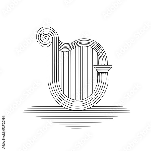 Stylized harp illustration with geometric lines and a classical column detail on a white background