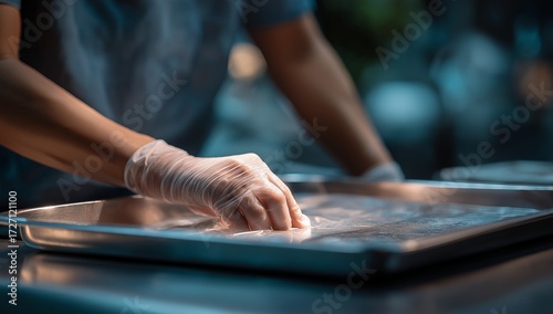 Plastic surgery nurse with sterile gloves, calm focus, cinematic close-up, arranging surgical drape on steel tray for safe operation preparation