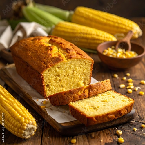 Sliced cornbread on a wooden board
