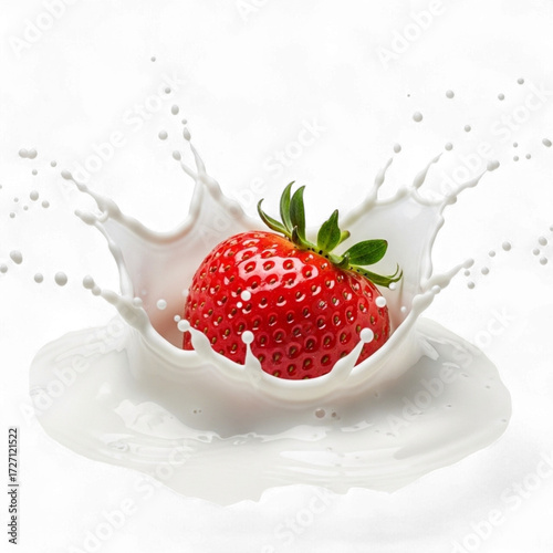 Juicy red strawberry splashing into creamy white milk isolated on transparent background