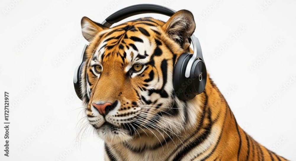 Fototapeta premium tiger wearing headphones, listening to music, on a solid white background