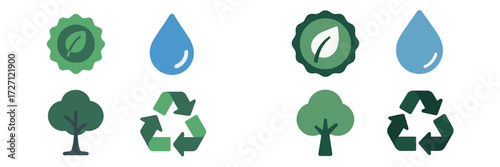 Symbols of sustainability with leaves, water droplets, trees, and recycling icons arranged in a tidy format