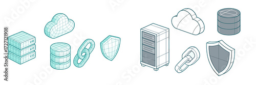 3D wireframe digital elements representing cloud computing, data storage, and cybersecurity on a clean background