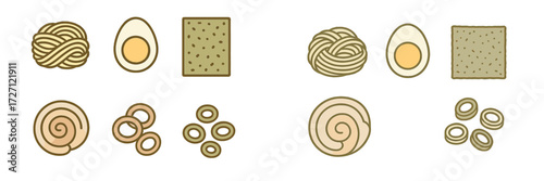 Different types of noodles and eggs arranged on a clean background showcasing various shapes and forms in a creative display