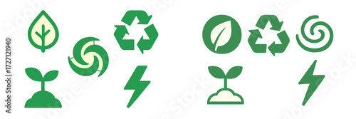 Collection of green eco-friendly symbols depicting sustainability, recycling, and renewable energy concepts