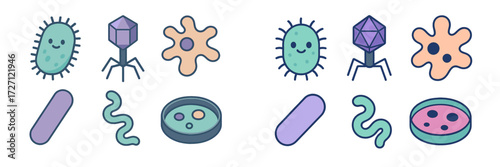 Microbial life forms and their structures illustrated with colorful designs and playful elements for educational purposes