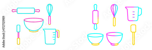 Kitchen tools and utensils for baking and cooking arranged in bright colors