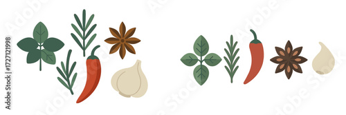 Colorful herbs and spices arranged artistically on a plain background for culinary inspiration and creativity