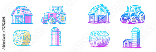 Colorful illustrations of farm equipment and structures in a rural setting, showcasing tractors, barns, and hay bales