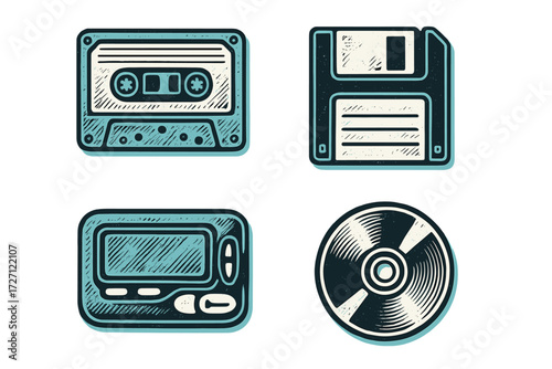 Vintage technology collection showcases cassette tapes, floppy disks, and CDs in a nostalgic design