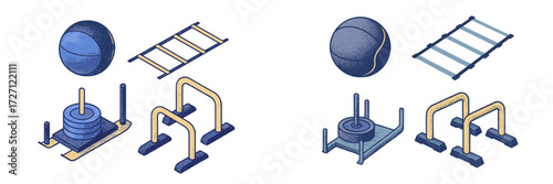 Fitness equipment arranged for training sessions focusing on strength and agility development on a clean white background