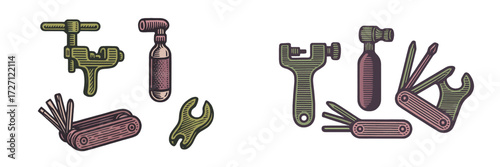 Detailed illustration of various tools for DIY projects and repairs in a workshop setting with a vintage style
