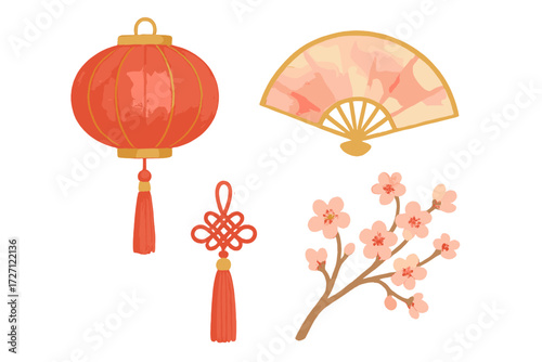 Festive decorations showcasing lanterns, fans, and cherry blossoms for a cultural celebration in spring