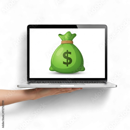 Laptop displaying a green money bag with a dollar sign isolated on transparent background