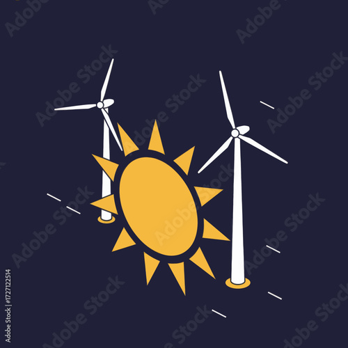 Clean energy concept with sun and wind turbines illustration