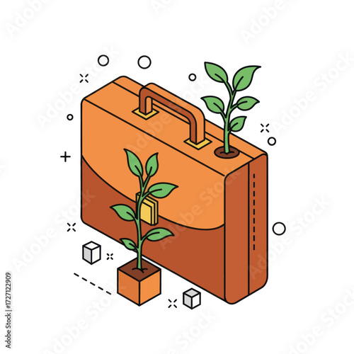 Vector illustration of a briefcase with plants growing out of it, symbolizing business growth and development