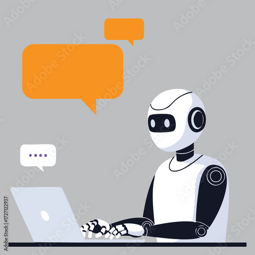 Robot typing on a laptop with speech bubbles isolated on white background