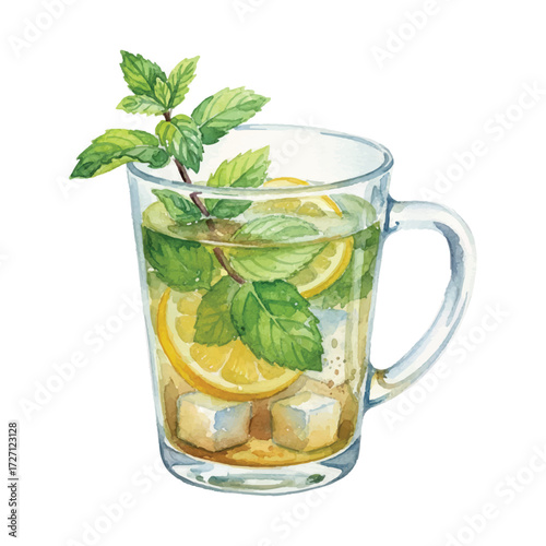 Watercolor Mint Tea Cup with Lemon Vector Illustration Isolated on White Background, Herbal Drink Clipart for Wellness, Menu, and Refreshing Design